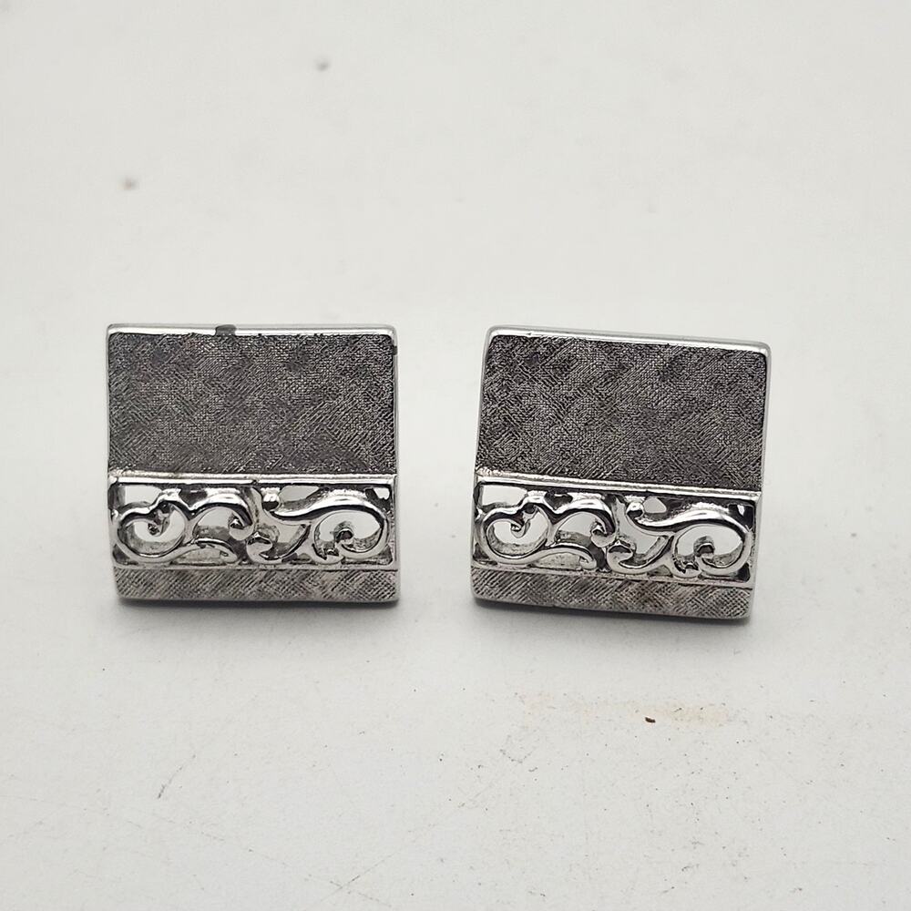 Swank Silver Tone Square Cufflinks‎ .75" Textured Openwork Scroll Band Pair